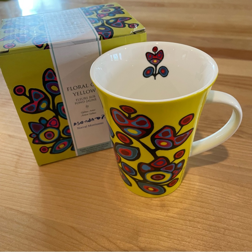 Floral Yellow Mug designed by Norval Morrisseau, Ojibwa Artist
